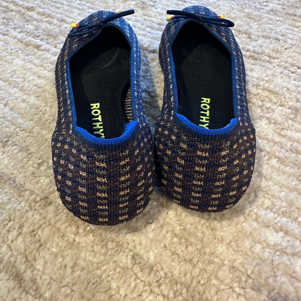 Rothy’s The Flat Ballet 6.5 Navy Metallic Checkered Knit Round Toe Bow Shoes - Picture 4 of 5